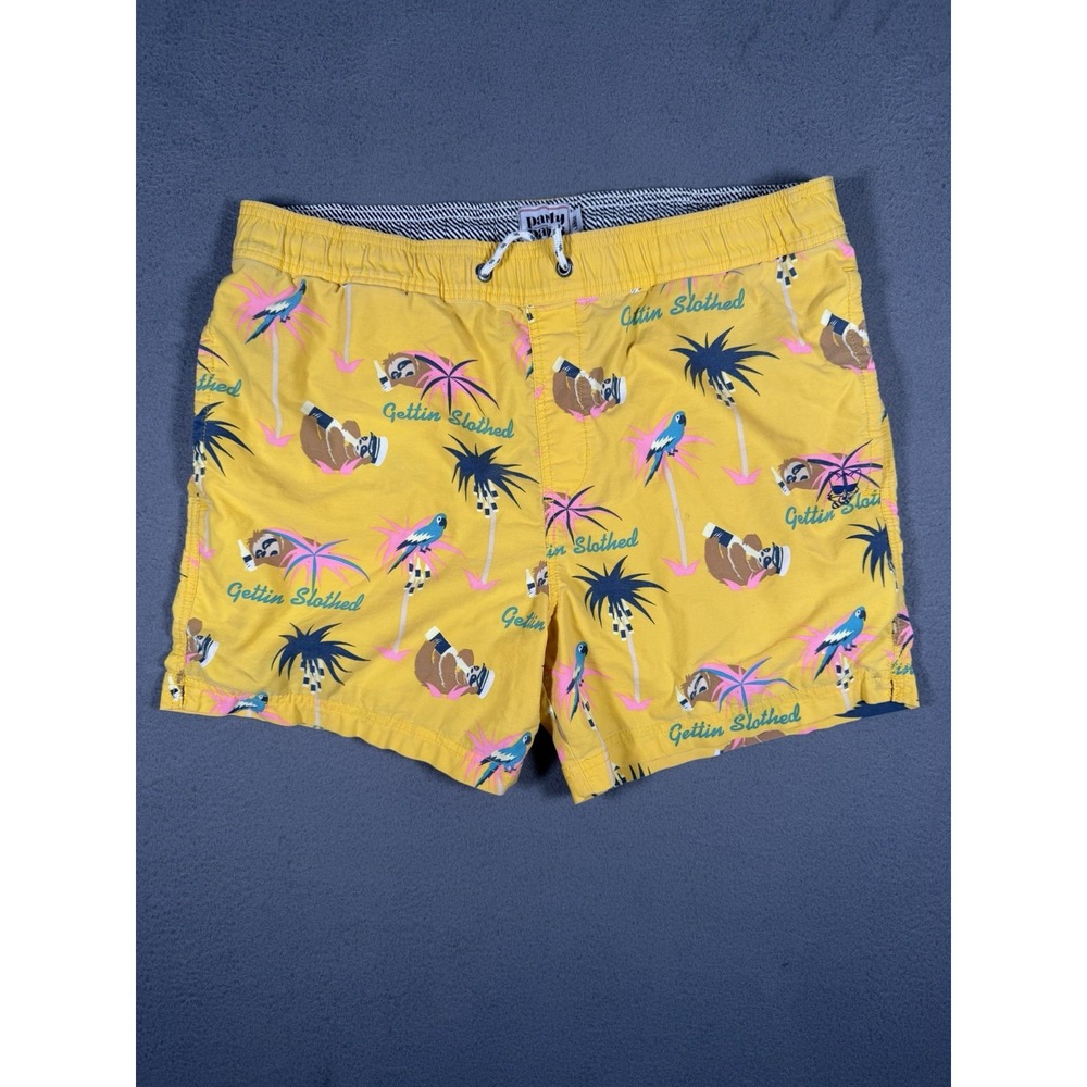 Party Pants Mens Yellow Gettin Slothed Swim Trunks Size Large Tropical Sloth
